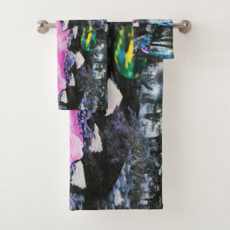 Pink Hibiscus Black and White Landscape Collage Bath Towel Set