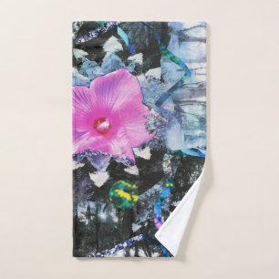 Pink Hibiscus Black and White Landscape Collage Hand Towel