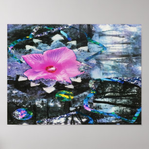 Pink Hibiscus Black and White Landscape Collage Poster