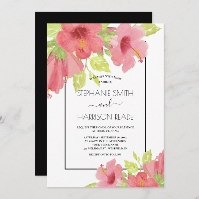 Pink Hibiscus Floral Framed Wedding Invitation (Front/Back)