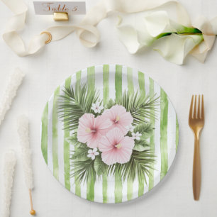 Pink Hibiscus Floral Green Stripes Bridal Shower Paper Plate
