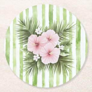 Pink Hibiscus Floral Green Stripes Bridal Shower Round Paper Coaster