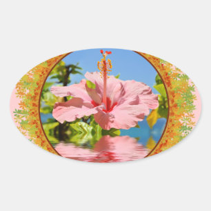 Pink hibiscus flower above the water in frame of l oval sticker