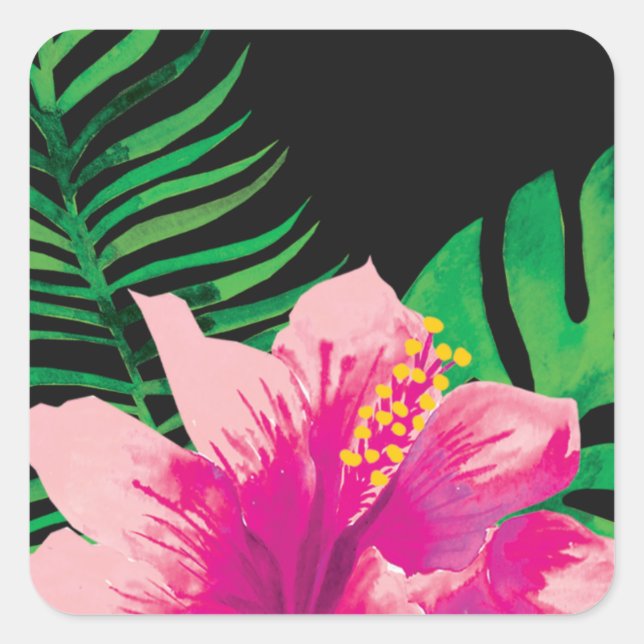 Pink Hibiscus Flower and Tropical Leaves Square Sticker (Front)