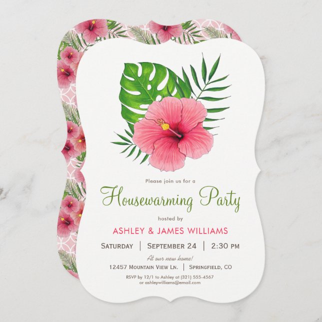Pink Hibiscus Flower Housewarming Party Invitation (Front/Back)