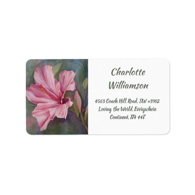 Pink Hibiscus Flower in Watercolor Address Label (Front)