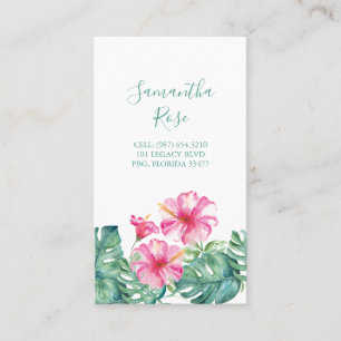 Pink Hibiscus Flower Monstera Palm Leaves Custom Business Card