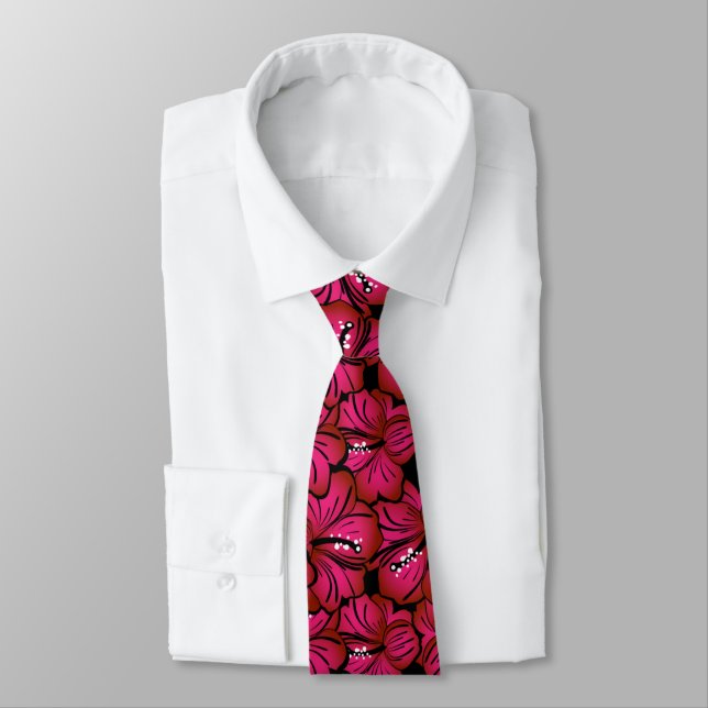 Pink Hibiscus Flower Pattern Tie (Tied)