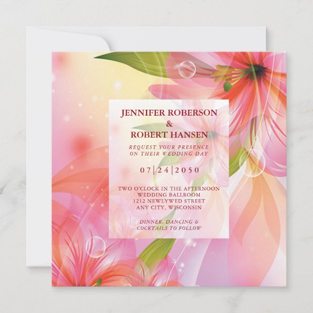 Pink Hibiscus Flower Wedding Square Card (Front)