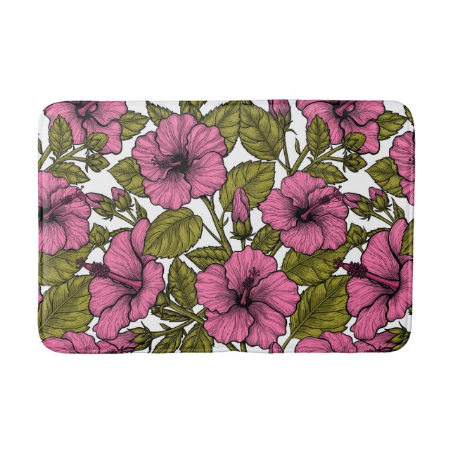 Pink hibiscus flowers bath mat (Front)