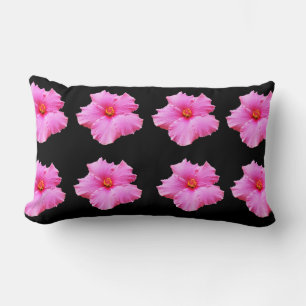 Pink Hibiscus Flowers On Black, Lumbar Cushion. Cushion