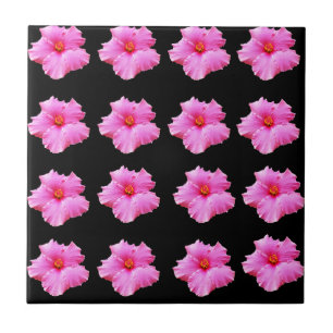 Pink Hibiscus Flowers On Black,_ Tile