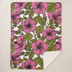 Pink hibiscus flowers sherpa blanket