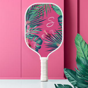 Pink Hibiscus Flowers Tropical Palm Leaf Monogram Pickleball Paddle