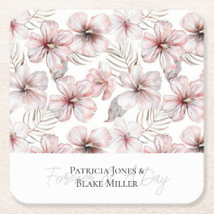 Pink Hibiscus Flowers Wedding Square Paper Coaster