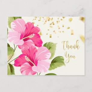 Pink Hibiscus, golden confetti Thank You Postcard