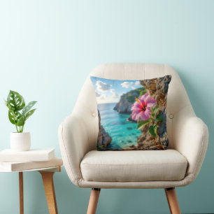 Pink Hibiscus Growing in a Rocky Cliff Cushion