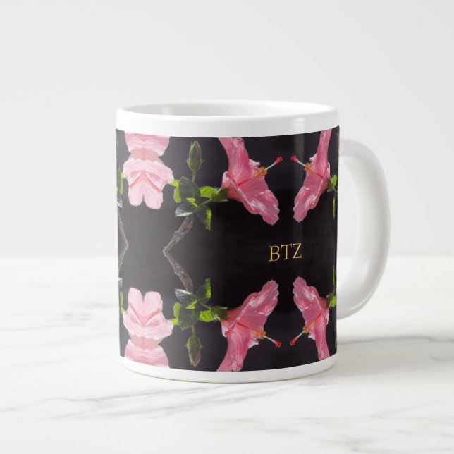Pink Hibiscus on Black Large Coffee Mug (Front Right)