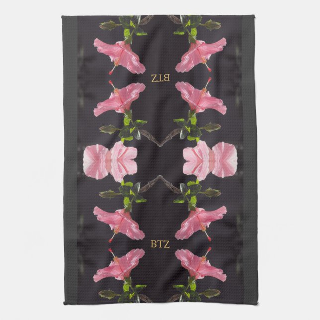 Pink Hibiscus on Black Tea Towel (Vertical)