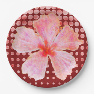 Pink Hibiscus on Red Dotted Background Paper Plate