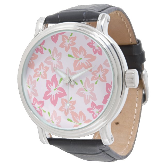 Pink Hibiscus, Pink Flowers, Pattern Of Flowers Watch (Angled)