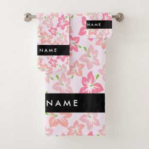 Pink Hibiscus, Pink Flowers, Your Name Bath Towel Set