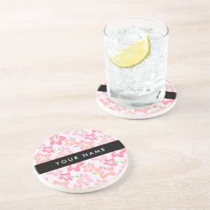 Pink Hibiscus, Pink Flowers, Your Name Coaster