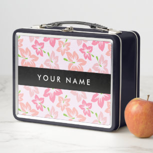 Pink Hibiscus, Pink Flowers, Your Name Metal Lunch Box