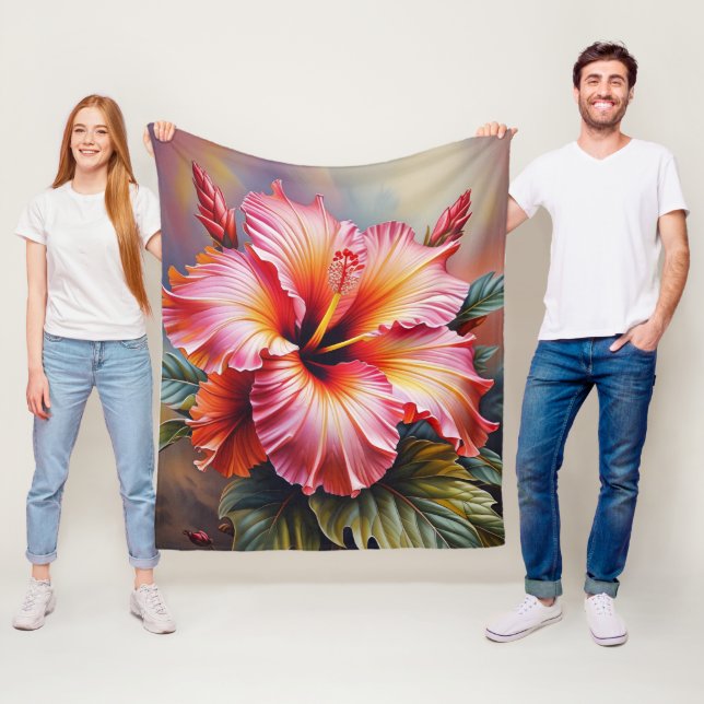Pink Hibiscus Tropical Fleece Blanket (In Situ)