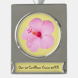 Pink Hibiscus Tropical Flower Silver Plated Banner Ornament