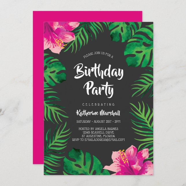 Pink Hibiscus Tropical Leaves Birthday Party 2 Invitation (Front/Back)
