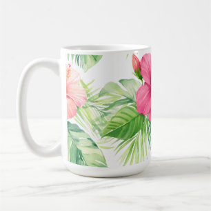 Pink Hibiscus Tropical Palm Watercolor Coffee Mug