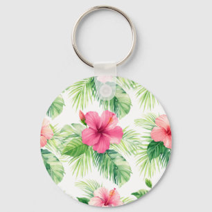 Pink Hibiscus Tropical Palm Watercolor Key Ring