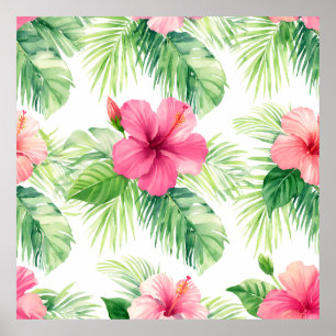 Pink Hibiscus Tropical Palm Watercolor Poster