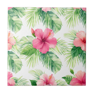 Pink Hibiscus Tropical Palm Watercolor Tile