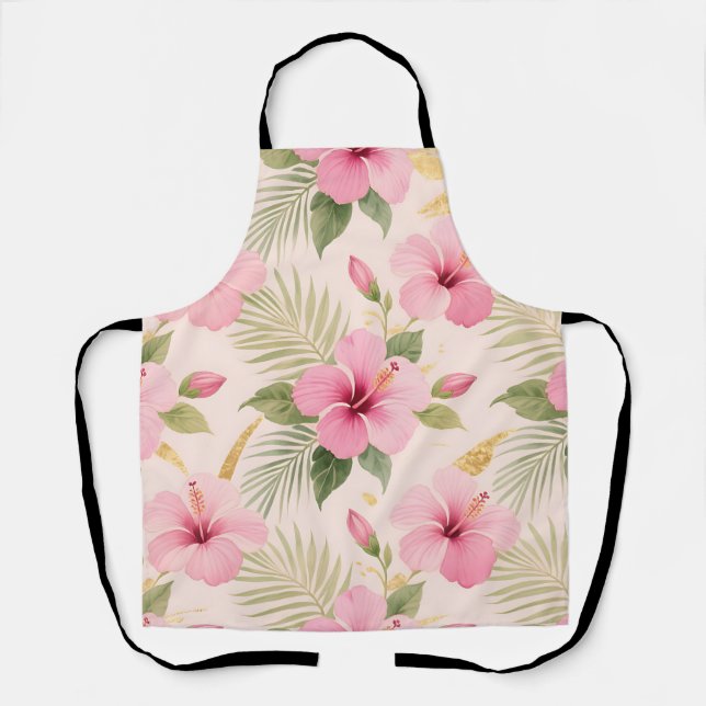 Pink Hibiscus Tropical Seamless Pattern Apron (Front)