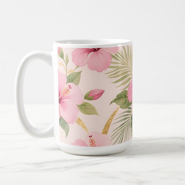 Pink Hibiscus Tropical Seamless Pattern Coffee Mug (Left)