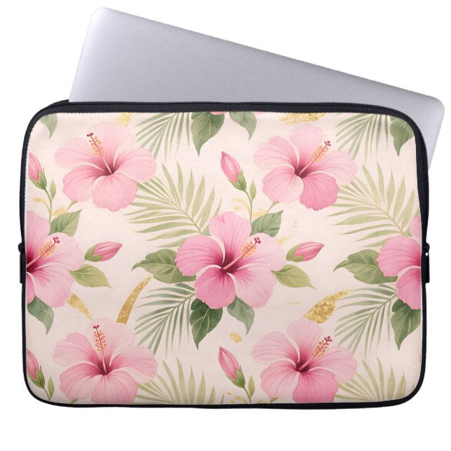 Pink Hibiscus Tropical Seamless Pattern Laptop Sleeve (Front)