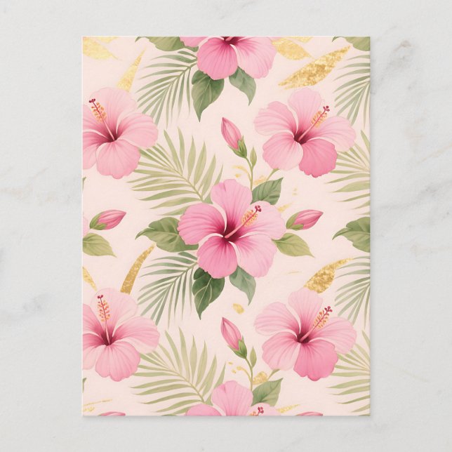 Pink Hibiscus Tropical Seamless Pattern Postcard (Front)
