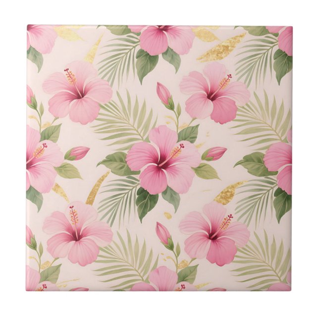 Pink Hibiscus Tropical Seamless Pattern Tile (Front)