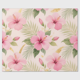 Pink Hibiscus Tropical Seamless Pattern Wrapping Paper