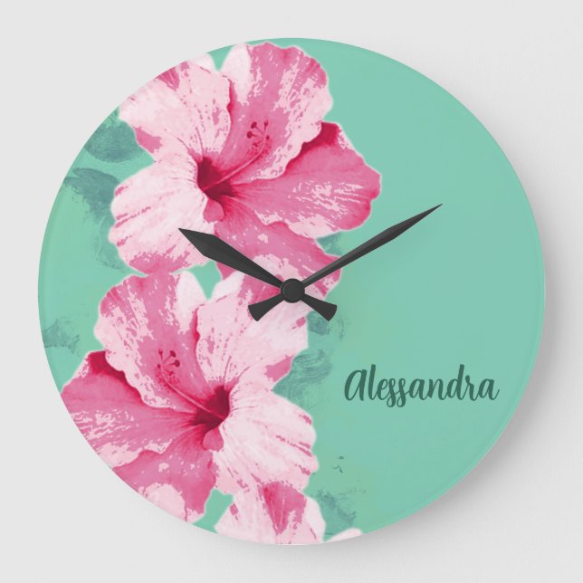 Pink Hibiscus Tropical Teal Clock (Front)