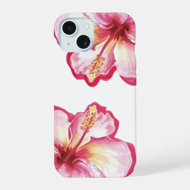 Pink Hibiscus Watercolor Art iPhone 15 Case (Back)