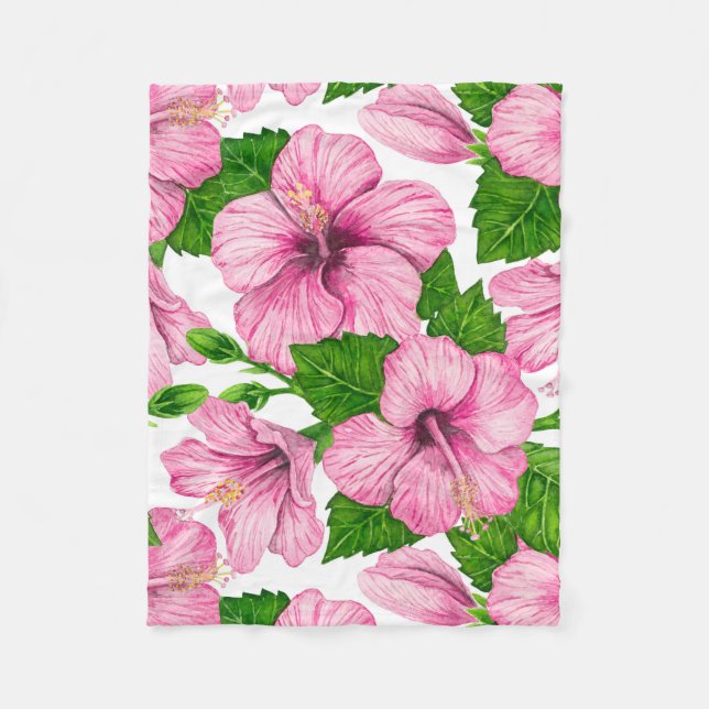 Pink hibiscus watercolor pattern fleece blanket (Front)