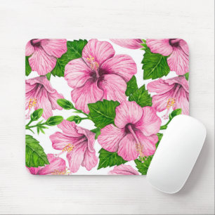 Pink hibiscus watercolor pattern mouse pad