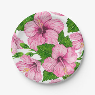 Pink hibiscus watercolor pattern paper plate