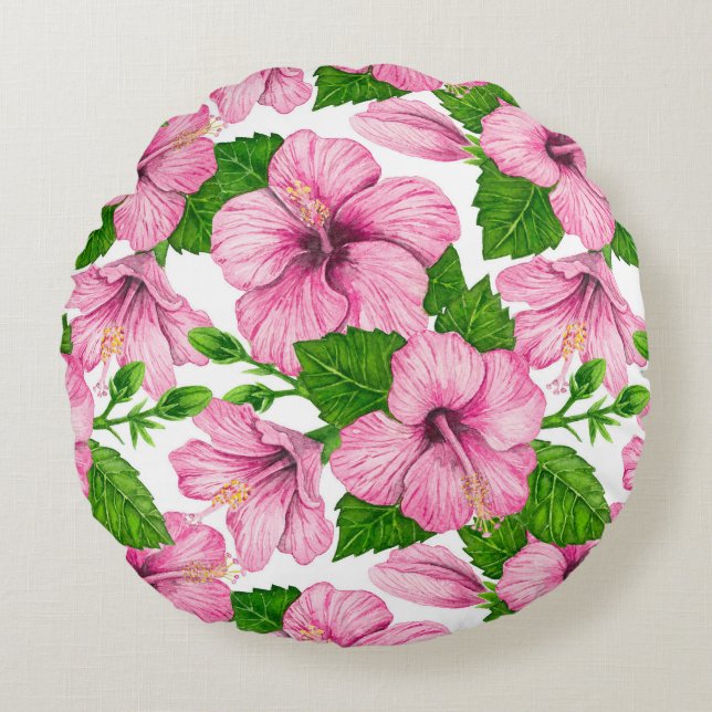 Pink hibiscus watercolor pattern round cushion (Front)