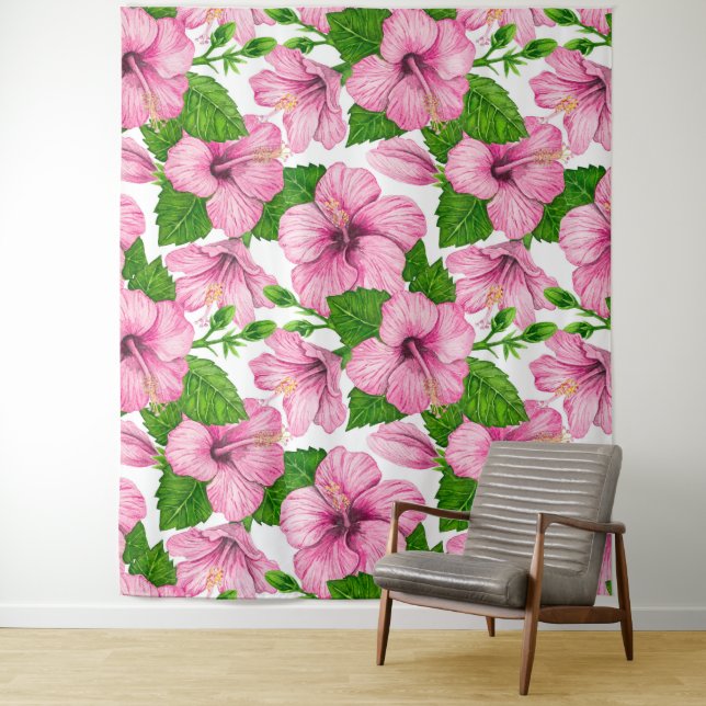 Pink hibiscus watercolor pattern tapestry (In Situ)
