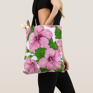 Pink hibiscus watercolor pattern tote bag