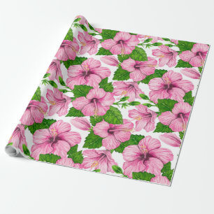 Pink hibiscus watercolor pattern wrapping paper